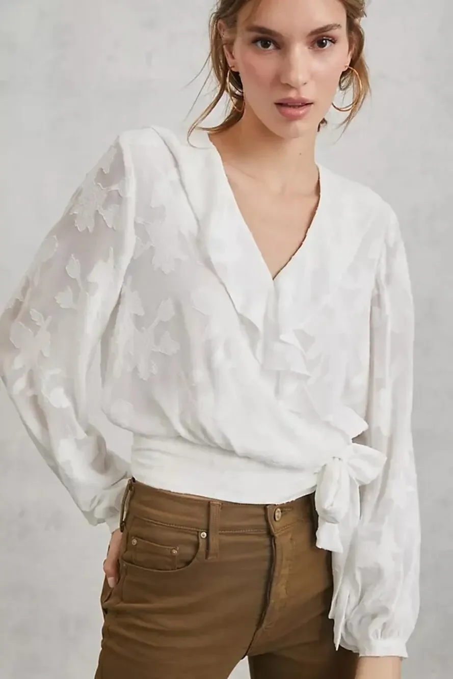 By Anthropologie Milena Burnout Velvet Wrap Blouse white ruffle cottagecore